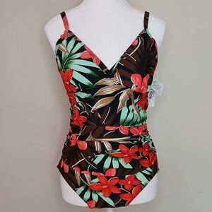 NWT Bikini Bay Shirred Side Flock One Piece Floral Swimsuit Size 14